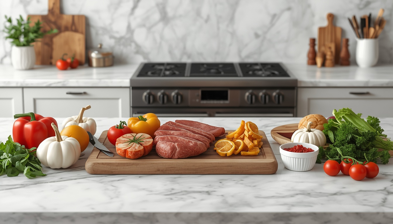 Modern meal preparation with fresh ingredients on marble countertop